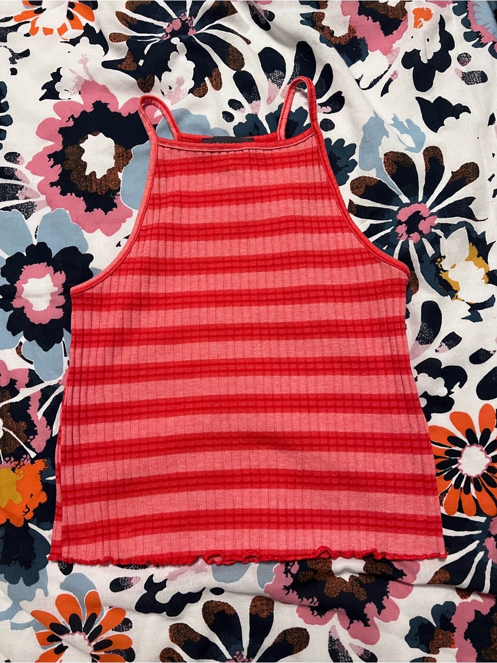 Women's Red and Coral Striped Ribbed Halter Tank Top